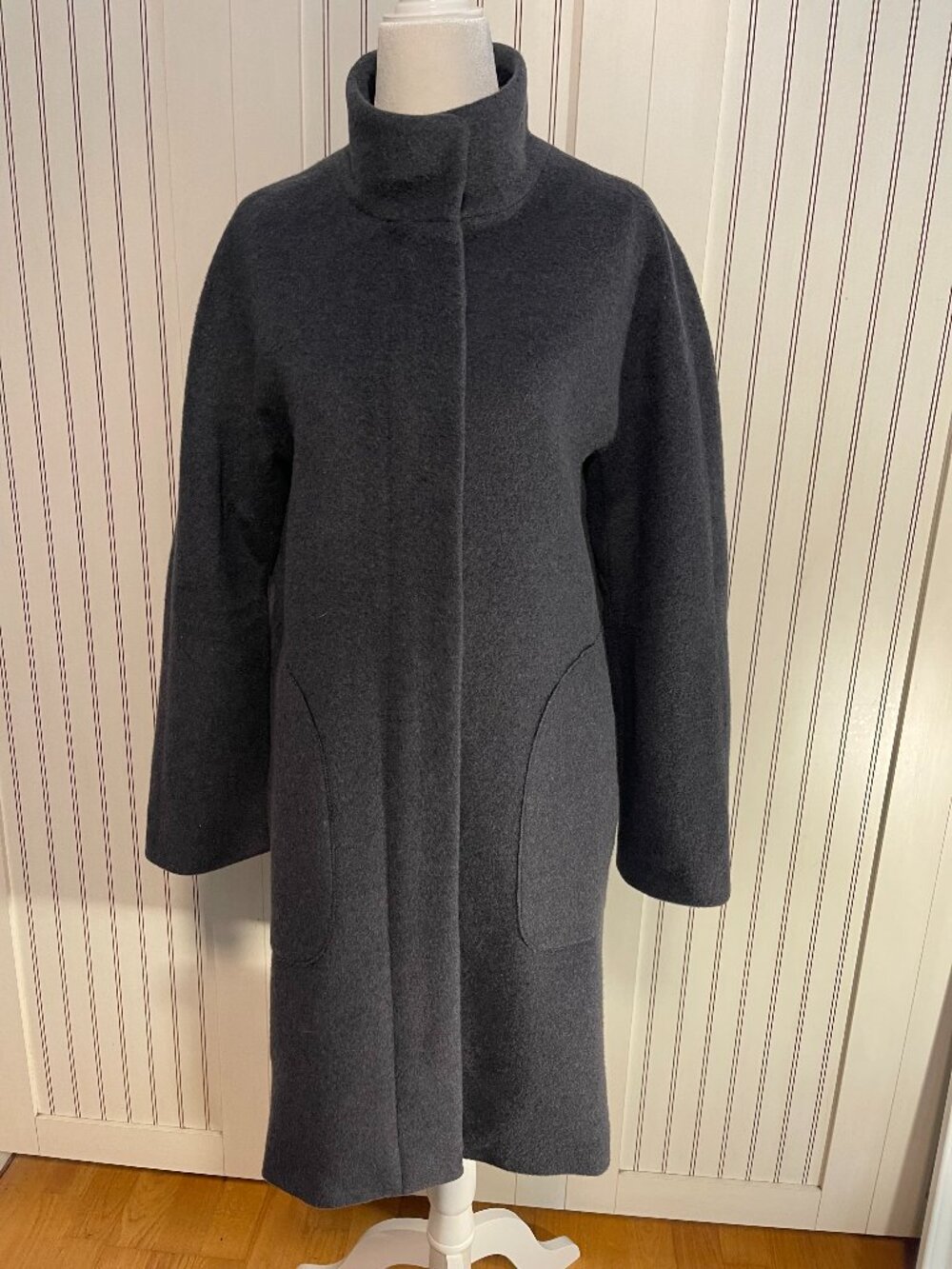 Korean Wool 84% Angola 5% Funnel Neck Coat Gray Long Coat Size S